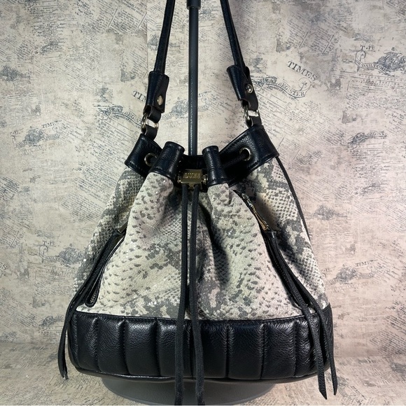 Aimee Kestenberg Leather Drawstring Purse Black + Snake Print - Picture 1 of 15